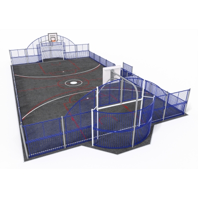 Το Kansas Arena διαθέτει χώρο παιχνιδιού 19x11 μ. με τέρματα και μπασκέτες κανονικού μεγέθους, ιδανικό για την ενίσχυση της ομαδικής εργασίας και του κοινοτικού πνεύματος. Η τετράγωνη γωνιακή του διάταξη περιλαμβάνει είσοδο με σικέιν και πλαϊνά πάνελ ύψους 1 μέτρου, με πάνελ ύψους 2 μέτρων για βελτιωμένη συγκράτηση της μπάλας. Συμπαγές αλλά ευέλικτο, είναι ιδανικό για μεγαλύτερα παιδιά και νεαρούς εφήβους, προωθώντας την κοινωνική αλληλεπίδραση και τη σωματική άσκηση. Το Kansas Arena μπορεί να προσαρμοστεί με διάφορα αξεσουάρ, επιλογές καθισμάτων και τύπους τερμάτων ώστε να ταιριάζει στο συγκεκριμένο εξωτερικό σας περιβάλλον.